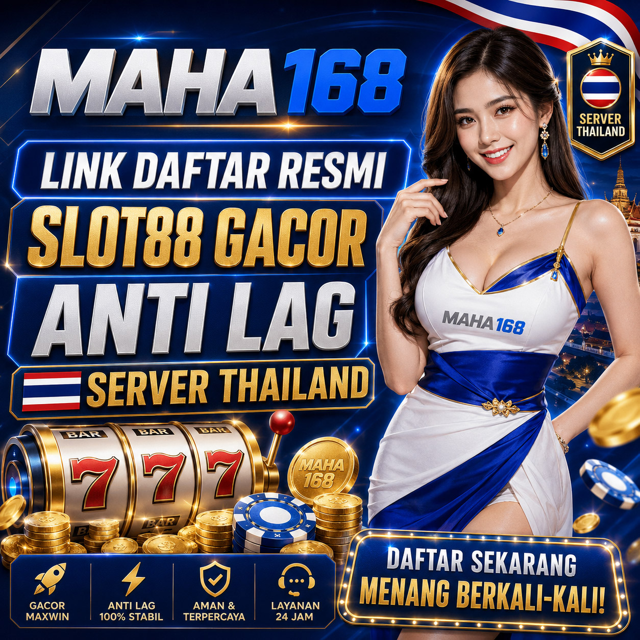 Gambar promosi pendaftaran platform permainan online MAHA168, server stabil dengan layanan 24 jam.